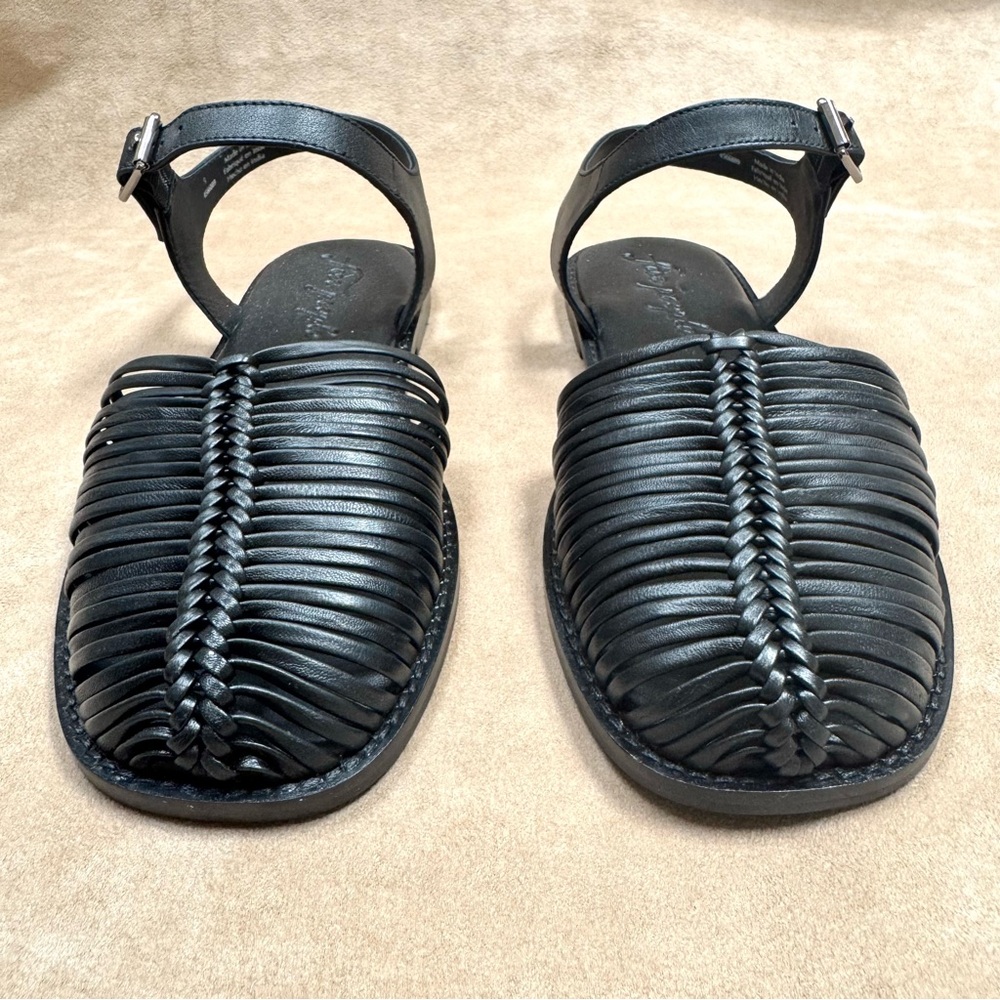 New Free People Frankie Fisher Flat Sandals Shoes Black Leather 9 39 - Picture 4 of 12